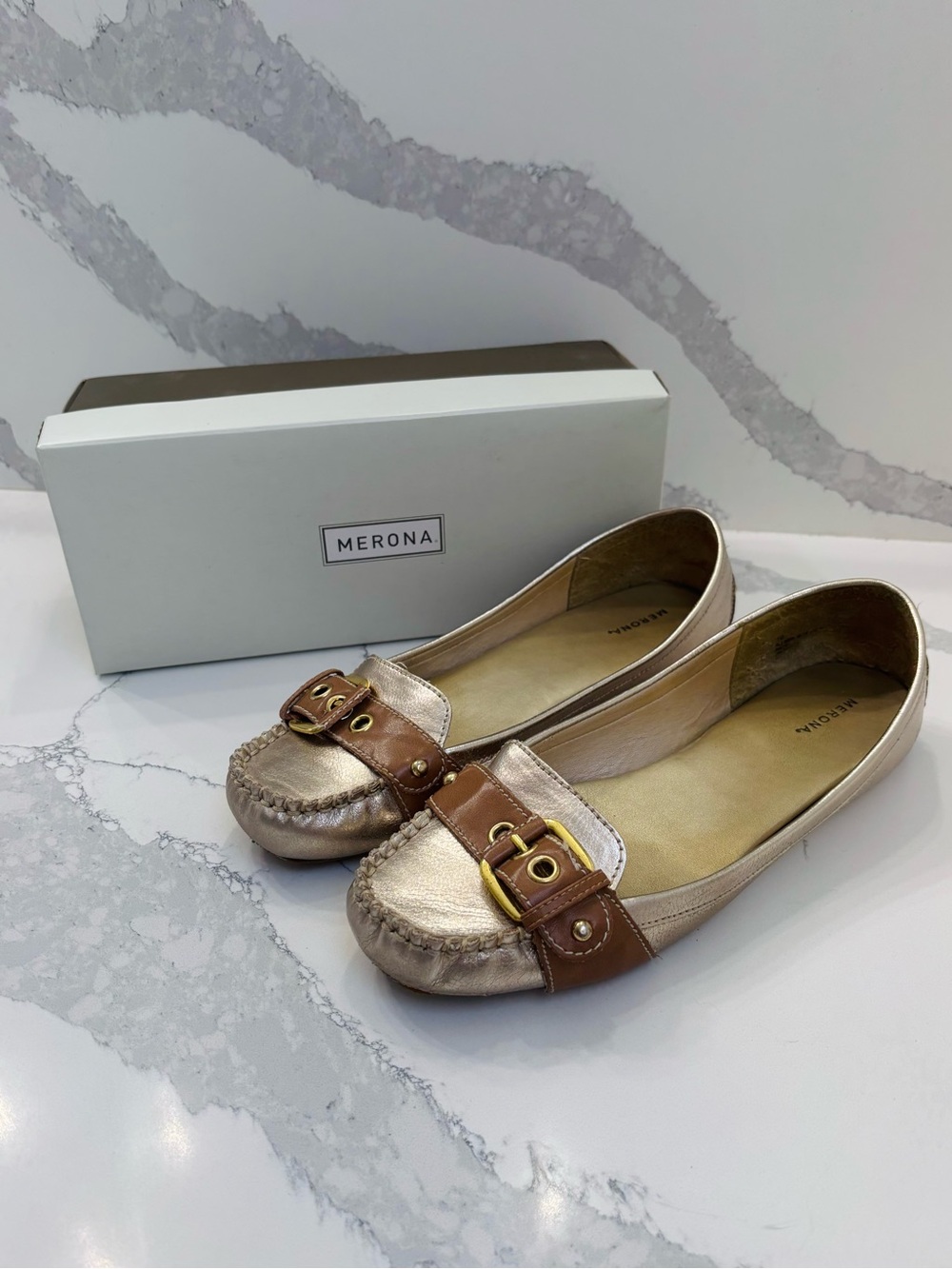 Merona Women's 10 Marcela Metallic Gold Buckle Loafer Flats